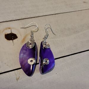 Upcycled Purple Shell Dangle Earrings with Silver Wire Spiral Accents